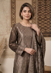 Winter - Fancy Silk Zari Jamawar - 3 Pcs Suit - D#13 - Brown