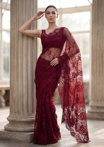Fancy Chantilly Lace Saree - Maroon