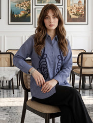 Pret - Moven - Shirt with Floral Embroidery and Stone Work Details - Blue