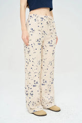 Pret - Moven - Palazzo Pants with Floral Embroidery and Sequins, Elastic Waistband - Skin