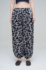 Pret - Moven - Leaf Patterned Elasticated Hem Viscose Women's Trousers - Black