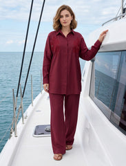 Pret - Moven - Shirt with Floral Embroidery and Stone Work Details -  Burgundy