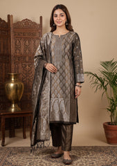 Winter - Fancy Silk Zari Jamawar - 3 Pcs Suit - D#13 - Brown