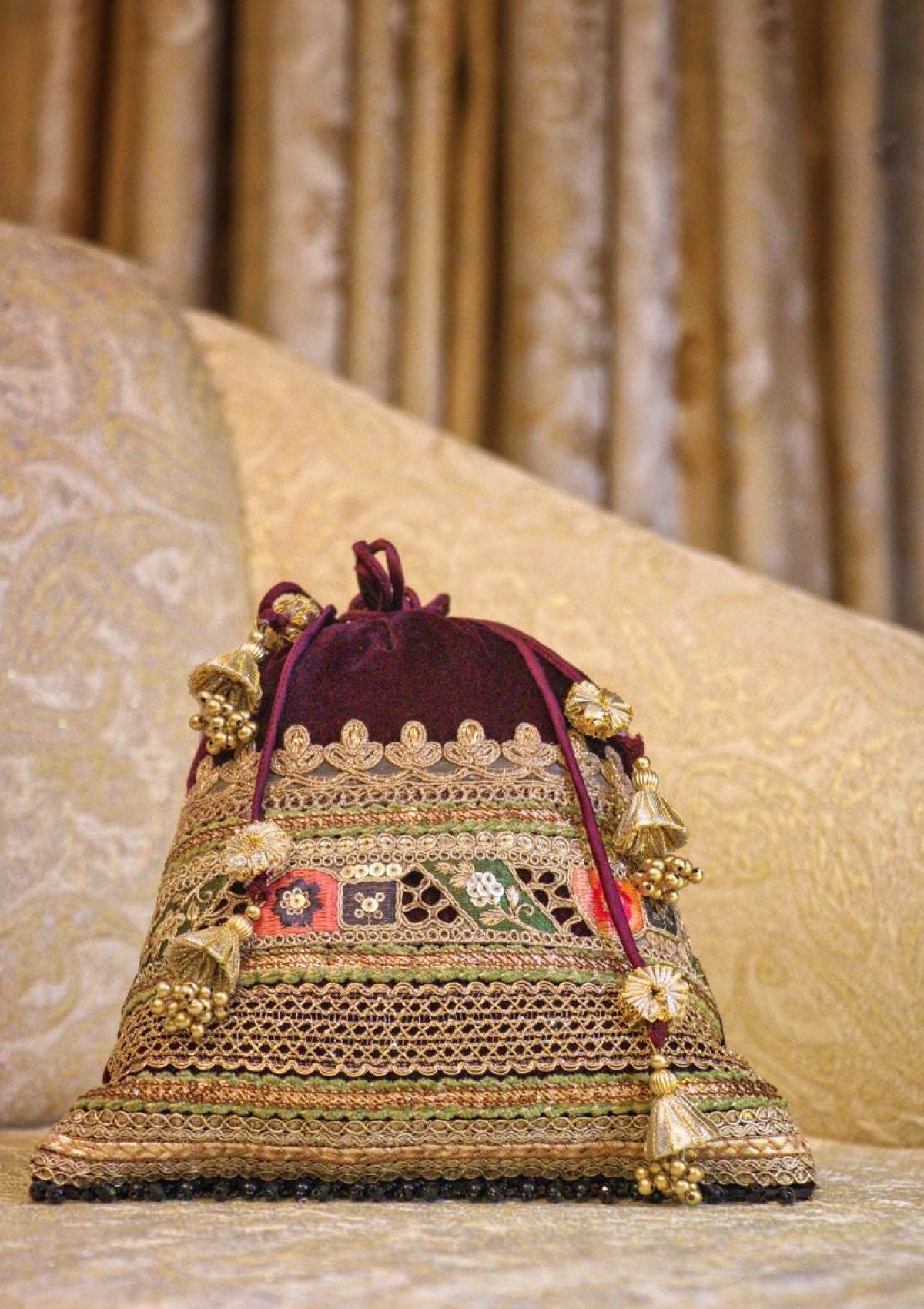 Bags Collection - Sadias Collection - Potli - D#02 Burgundy Cutwork