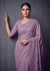Formals - Fancy Closet - Georgette Embroidered Chiffon Saree - D#01 - Lilac