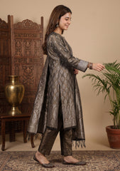 Winter - Fancy Silk Zari Jamawar - 3 Pcs Suit - D#13 - Brown