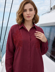 Pret - Moven - Shirt with Floral Embroidery and Stone Work Details -  Burgundy