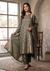 Winter - Fancy Silk Zari Jamawar - 3 Pcs Suit - D#13 - Green