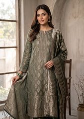 Winter - Fancy Silk Zari Jamawar - 3 Pcs Suit - D#13 - Green