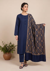 Winter - Riwaj - Pashmina Kashmiri Needle 3 Pcs Suit - D#01 - N Blue