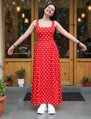 Pret - Moven - Polka Dot Dress With Waist Gathers - Red