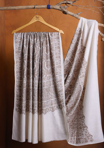 Pashmina Embroidered Jaaldar Shawl D#18 - Off White