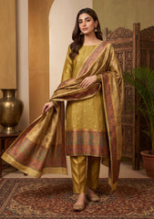 Winter - Fancy Silk Zari Jamawar - 3 Pcs Suit - D#04 - Mehndi