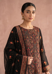 Winter - Fancy Georgette Chiffon Embroidered - 3 Pcs Suit - D#01 - Black