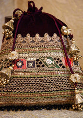 Bags Collection - Sadias Collection - Potli - D#02 Burgundy Cutwork