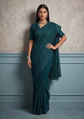 Formals - Fancy Closet - Georgette Embroidered Chiffon Saree - D#01 - Green