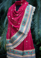 Shawl Collection - Sadias Collection - Chiffon Dupatta - D#03 Maroon Banarsi