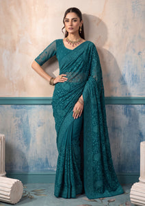 Formals - Fancy Closet - Georgette Embroidered Chiffon Saree - D#01 - Zink Green