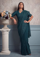 Formals - Fancy Closet - Georgette Embroidered Chiffon Saree - D#01 - Green