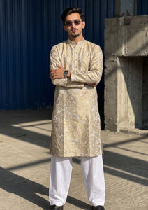 Elite Men Fancy Zari Jamawar Fabric - Skin
