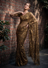 Fancy Chantilly Lace Saree - Deep Golden