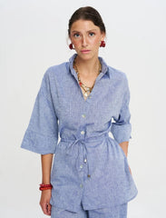 Pret - Moven - Indigo Linen Women's Shirt with Belt - Blue