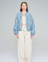 Pret - Moven - Women's Bomber Jacket with Floral Embroidery - Blue