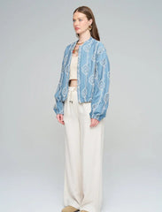 Pret - Moven - Women's Bomber Jacket with Floral Embroidery - Blue