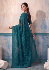 Formals - Fancy Closet - Georgette Embroidered Chiffon Saree - D#01 - Zink Green