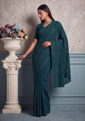 Formals - Fancy Closet - Georgette Embroidered Chiffon Saree - D#01 - Green