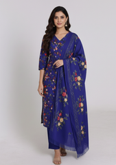 Winter - Riwaj - Printed Cotray Suit - Wool Shawl - D#01 - Blue