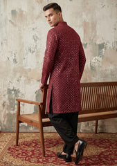 Elite Men Indian Silk Embroidered & Sequenced Unstitched Fabric - D#04 - Maroon