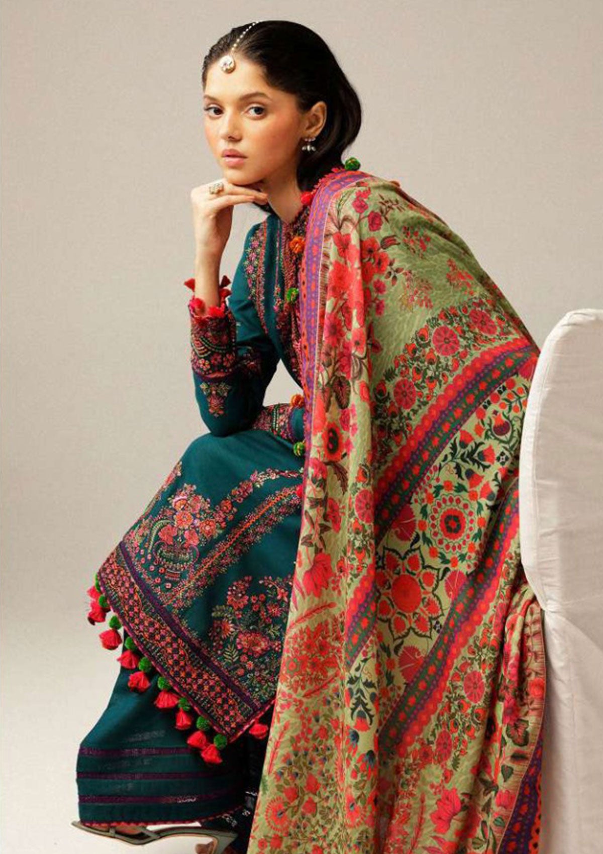 CHINA SILK BLACK WITH ZIGZAG KHADDAR SHAWL