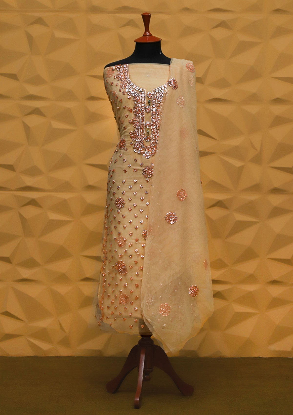 Fancy Collection - Net Gota Work Mirror 2pcs - D#1 (Beige) Saleem Fabrics Traditions