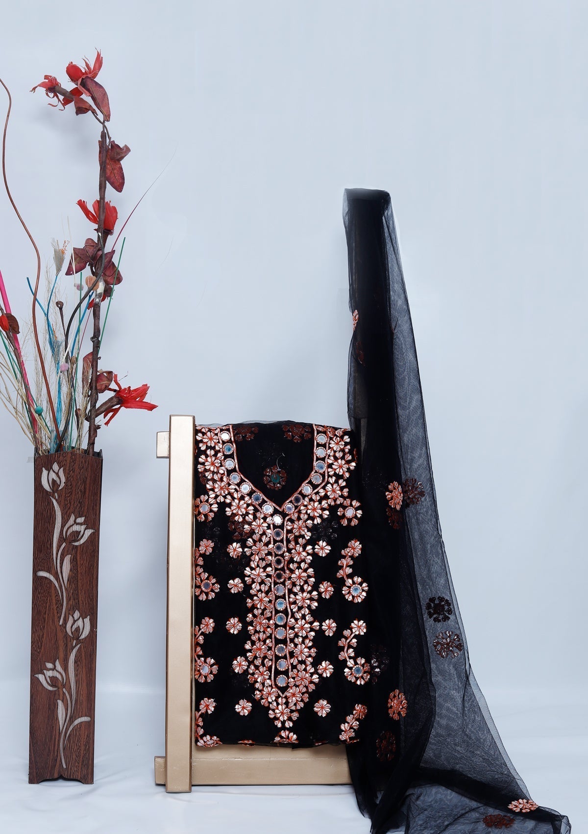 Fancy Collection - Net Gota Work Mirror 2pcs - D#1 (Black-3) Saleem Fabrics Traditions