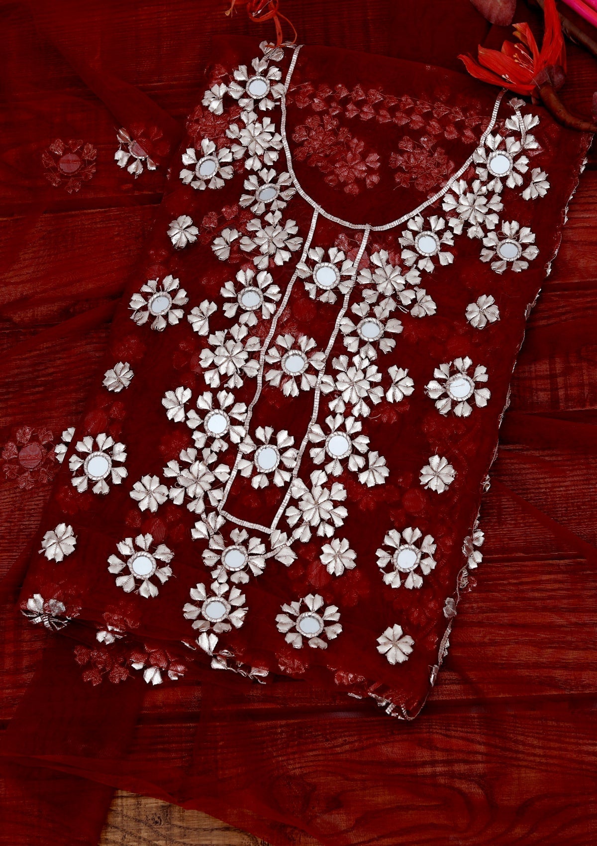 Fancy Collection - Net Gota Work Mirror 2pcs - D#2 (D Maroon-6) Saleem Fabrics Traditions