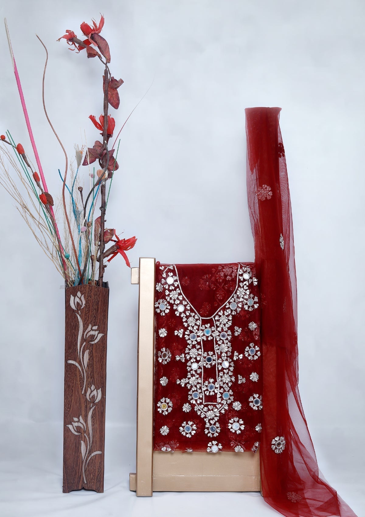 Fancy Collection - Net Gota Work Mirror 2pcs - D#2 (D Maroon-8) Saleem Fabrics Traditions
