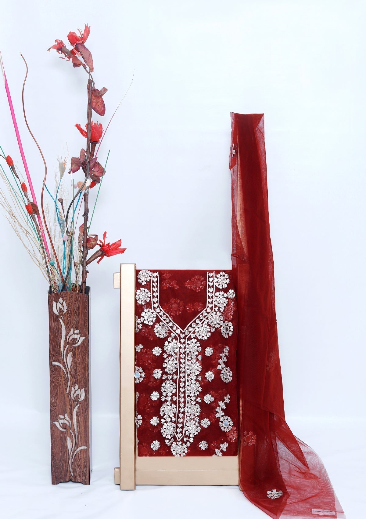 Fancy Collection - Net Gota Work Mirror 2pcs - D#2 (D Maroon-9) Saleem Fabrics Traditions