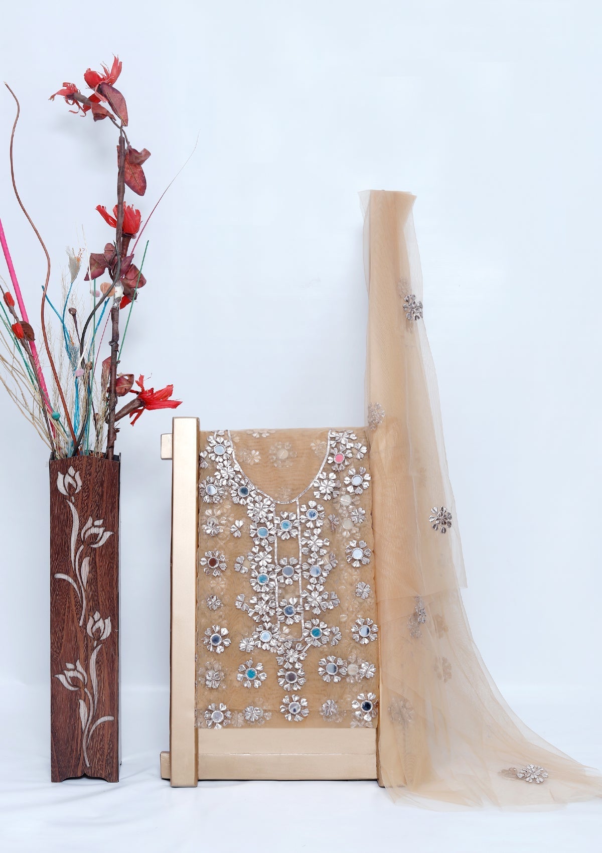 Fancy Collection - Net Gota Work Mirror 2pcs - D#2 (Golden-3) Saleem Fabrics Traditions