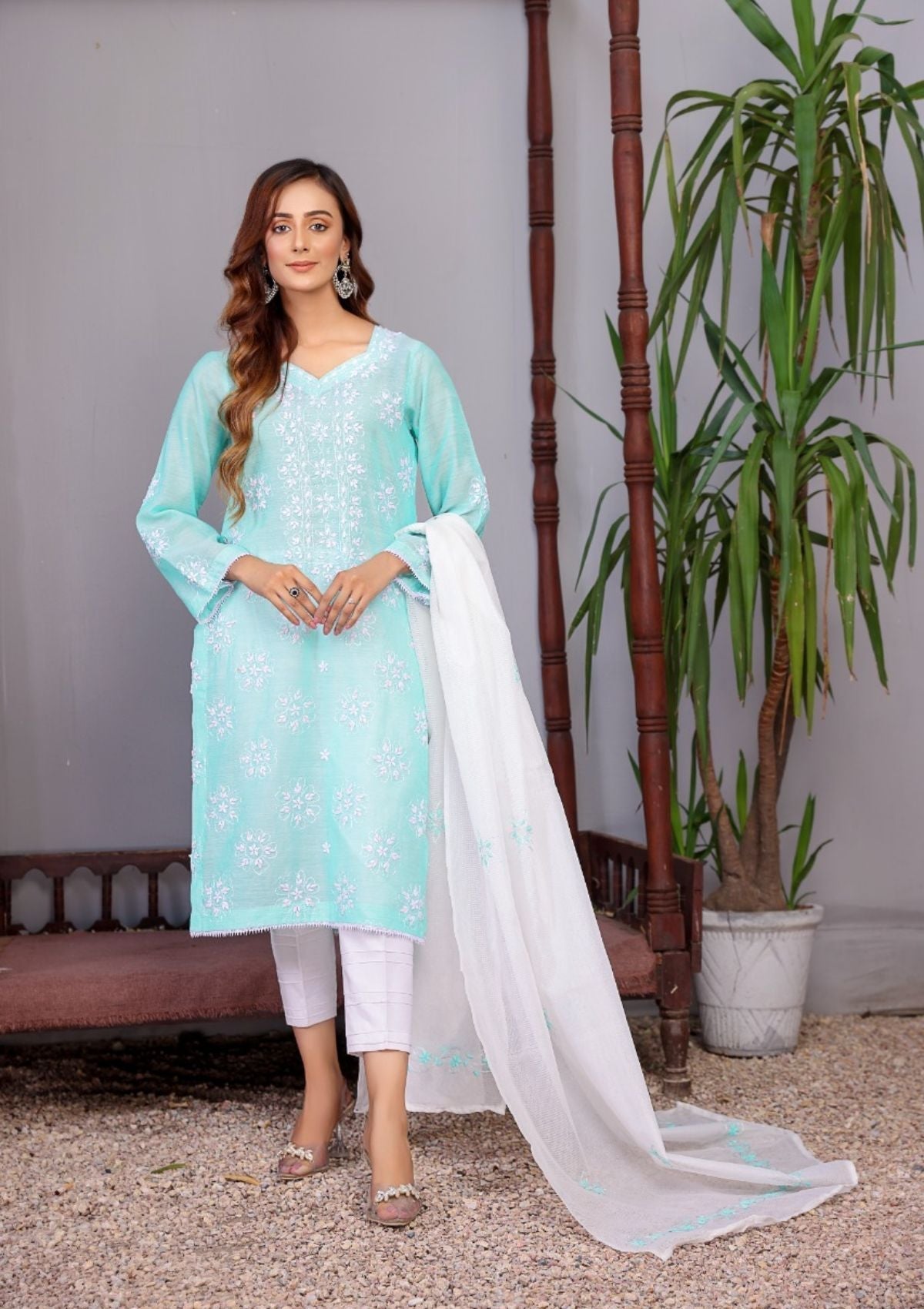 Fancy Collection - Paper Cotton - Ariwork - 2 Pcs Suit - Ferozi - D07 Saleem Fabrics Traditions