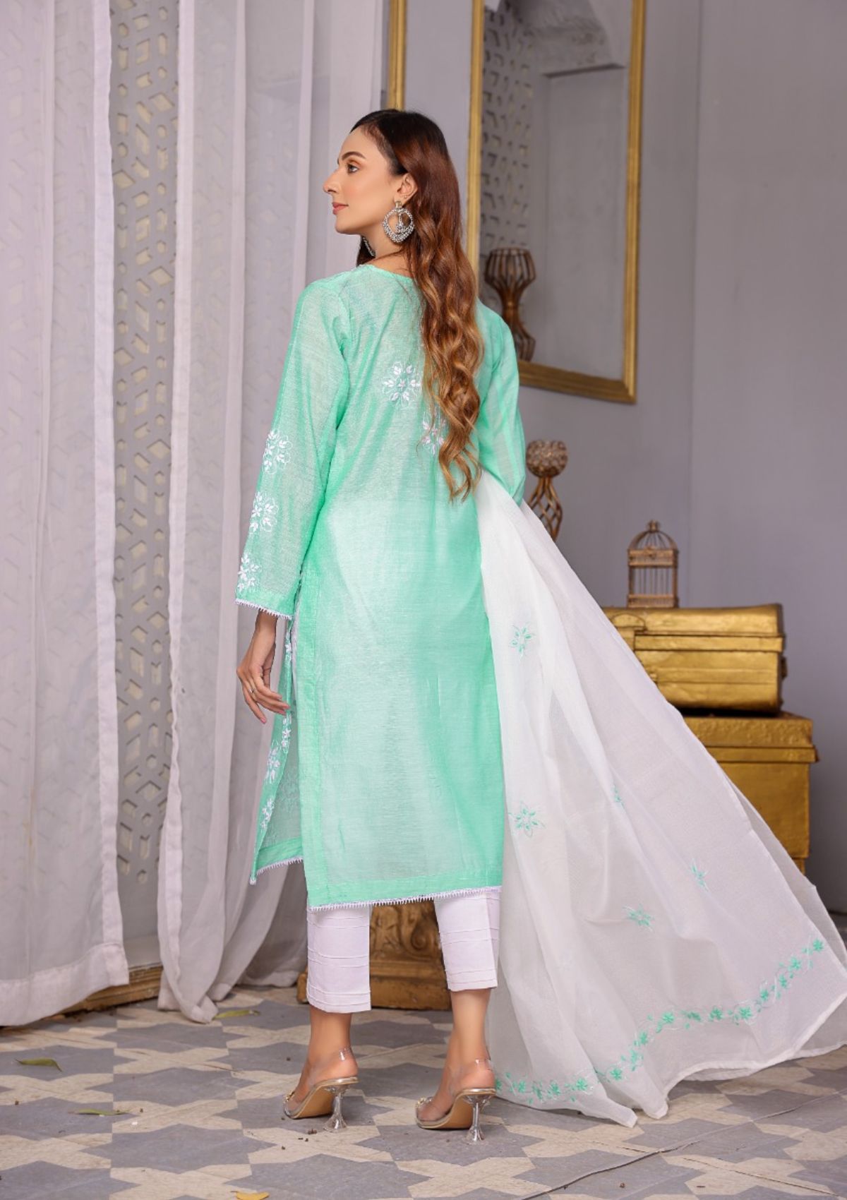 Fancy Collection - Paper Cotton -  Ariwork - 2 Pcs Suit - S Green - D07 Saleem Fabrics Traditions