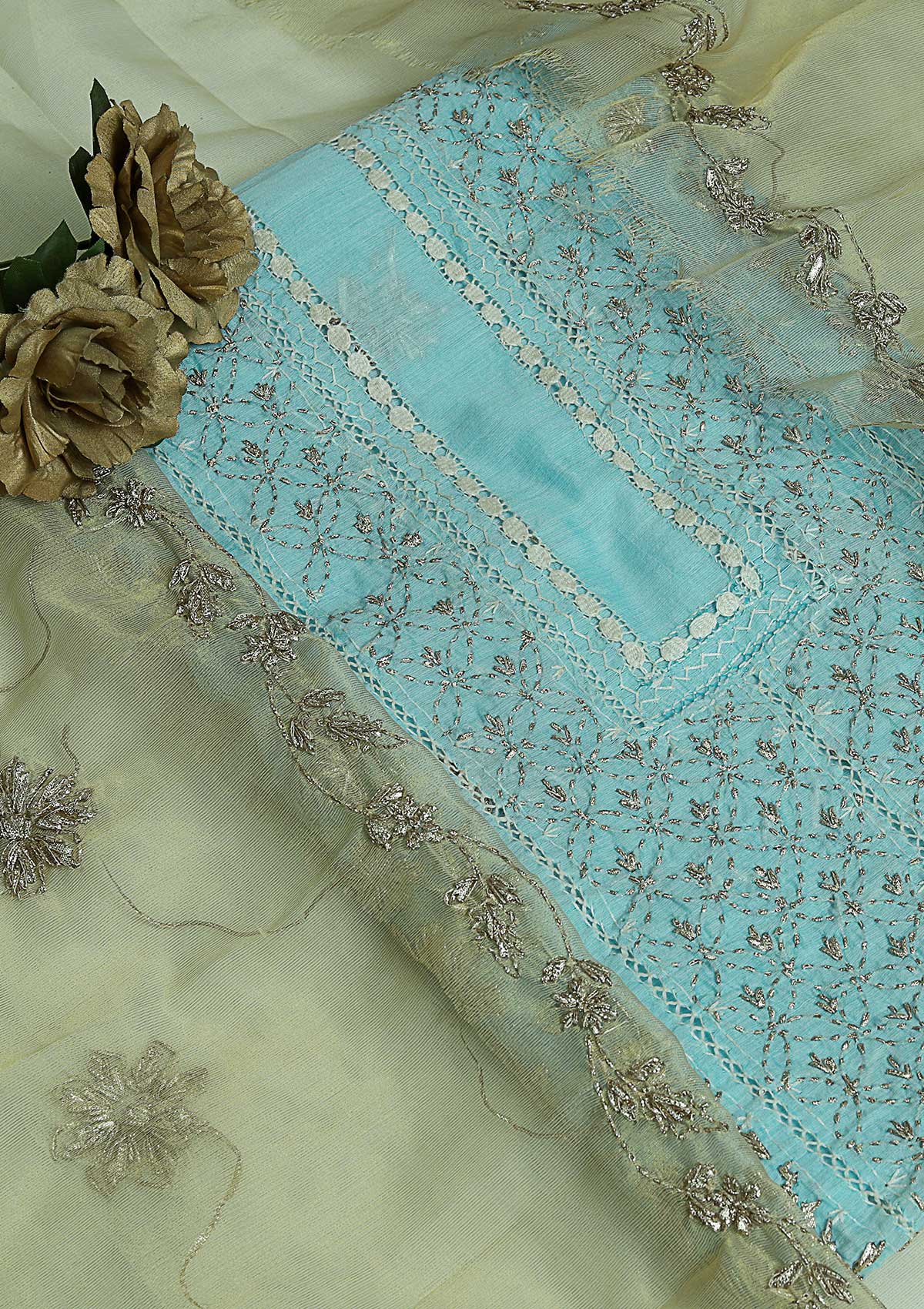 Formal Dress - Gota Work - Paper Cotton - 2 Pcs - Ferozi - D09 available at Saleem Fabrics Traditions