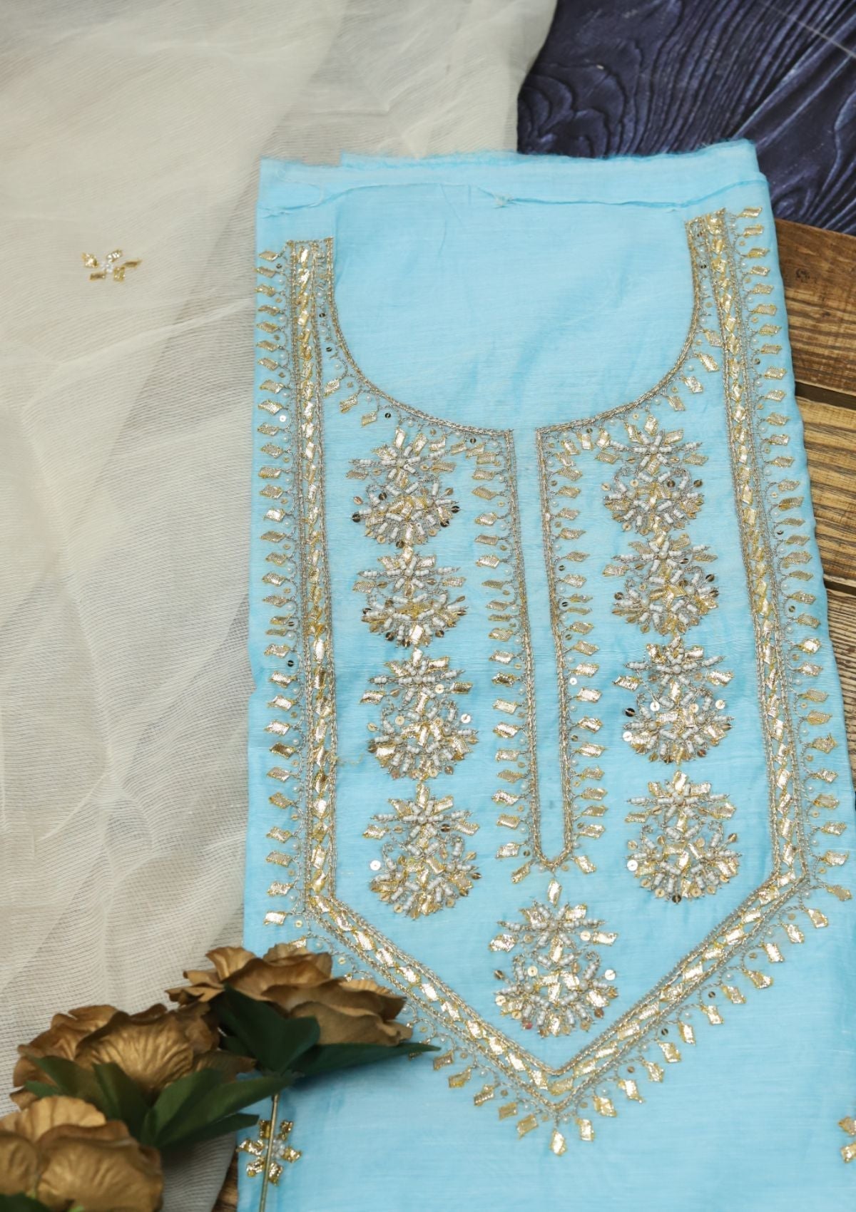 Formal Dress - Gota Work - Paper Cotton - 2 Pcs Suit - Ferozi - D01 available at Saleem Fabrics Traditions