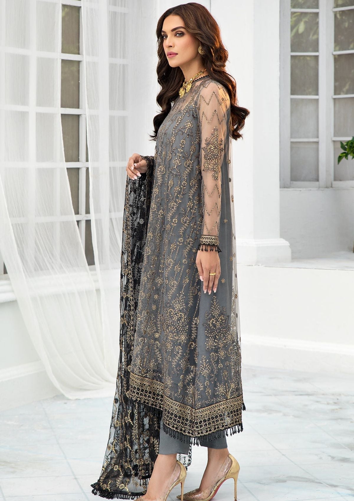 Formal Dress - Zarif - De Luxury - Chiffon - ZDL#03 (Graphite) available at Saleem Fabrics Traditions