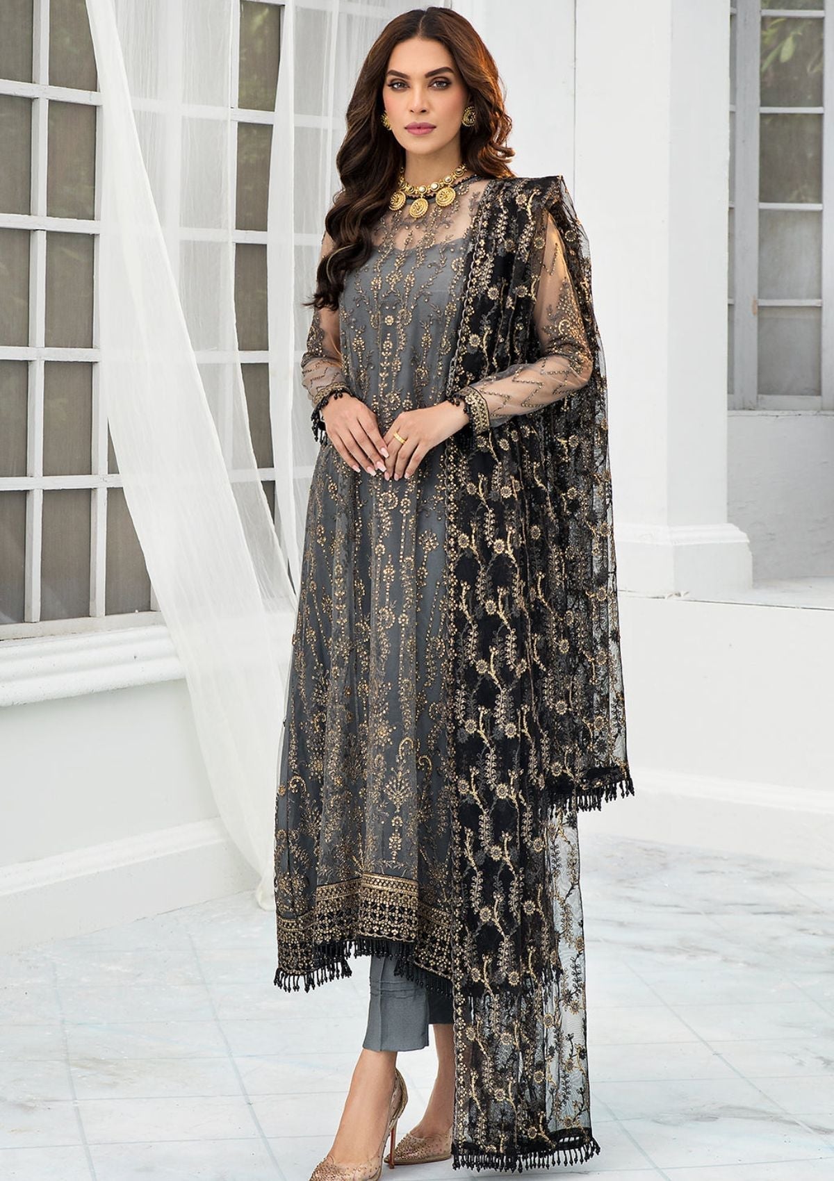 Formal Dress - Zarif - De Luxury - Chiffon - ZDL#03 (Graphite) available at Saleem Fabrics Traditions