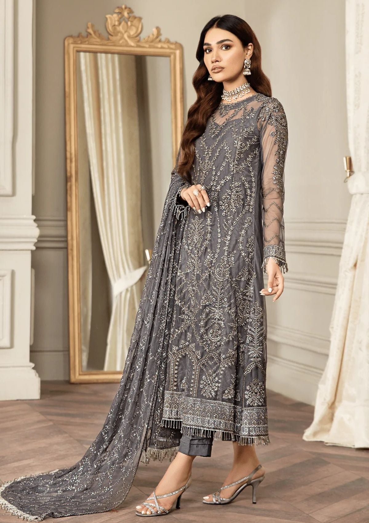 Formal Dress - Zarif - Mehroze - STORM GREY available at Saleem Fabrics Traditions
