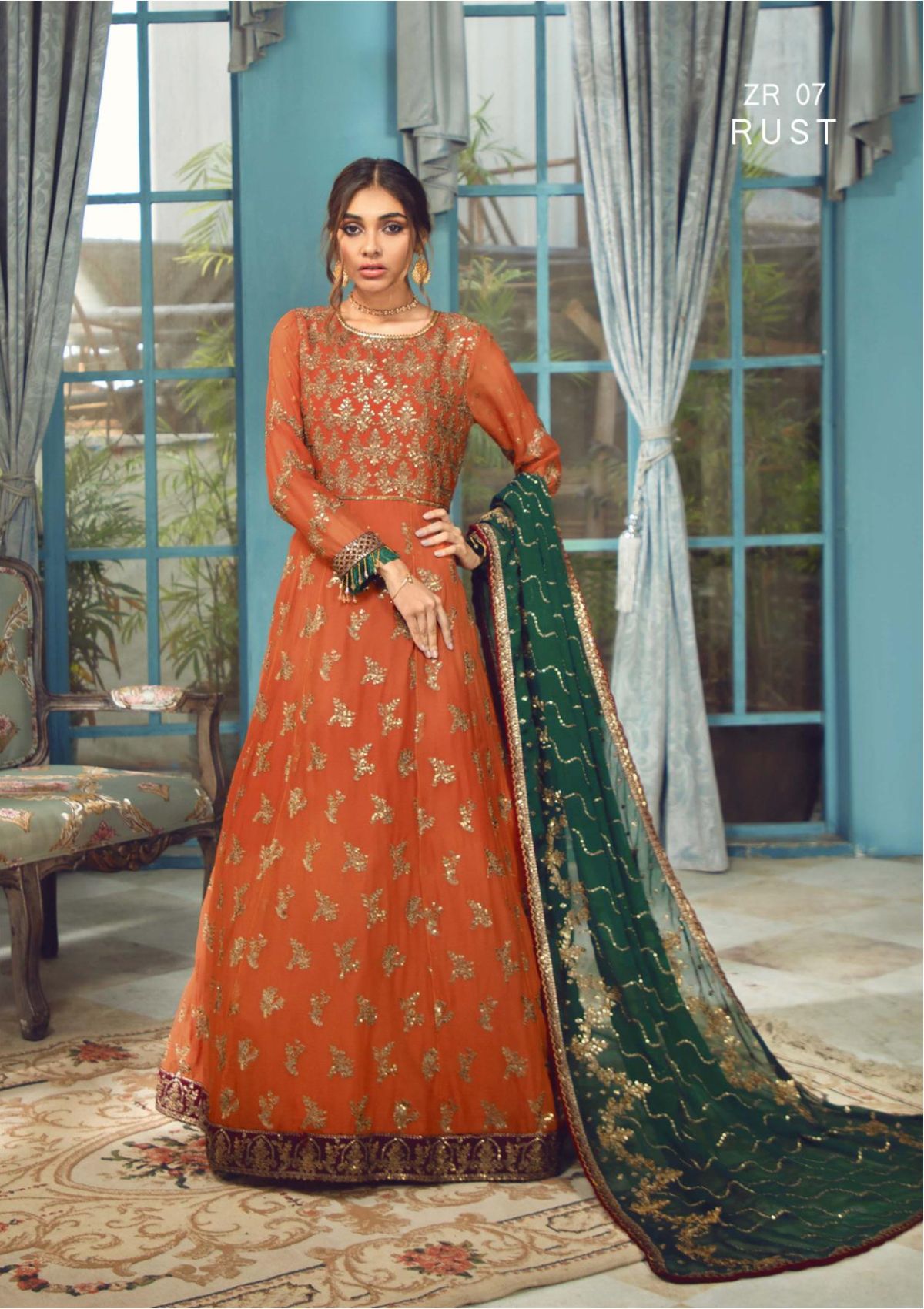 Formal Dress - Zarif - Rangrez - RUST D#07 available at Saleem Fabrics Traditions