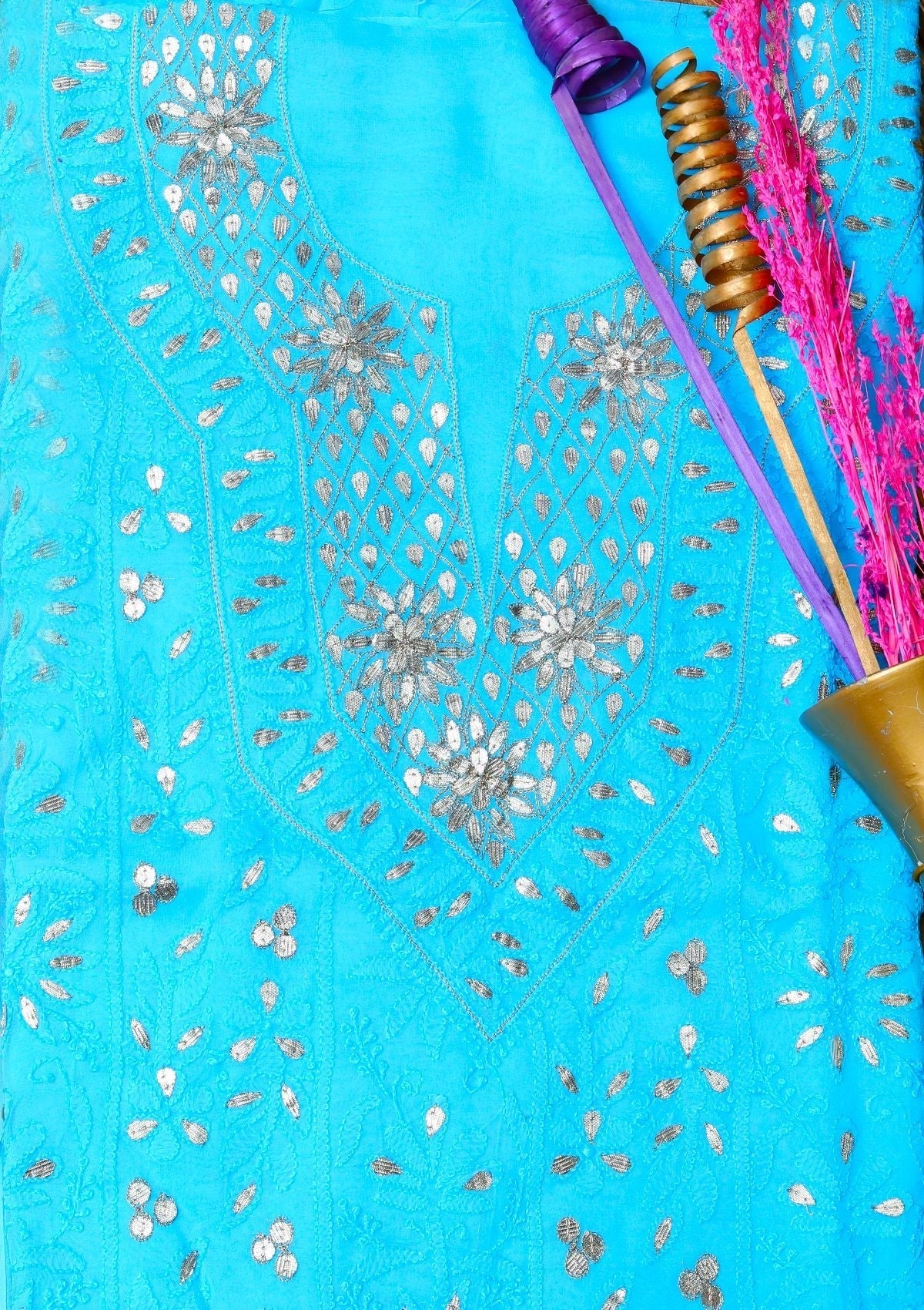 Formal Shirt- Bahawalpuri - Georgette Chiffon - C/Kari - Ferozi D1 available at Saleem Fabrics Traditions