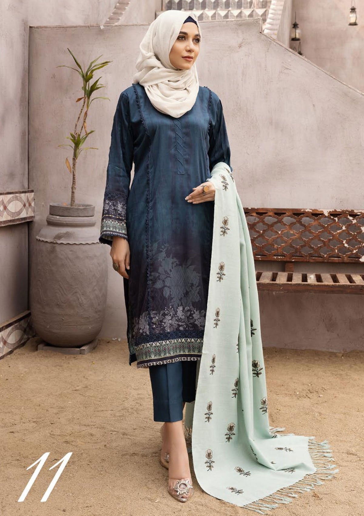 Winter Collectiion - Dua - Gul-e-Zarki - Indigo - IWD#11 available at Saleem Fabrics Traditions