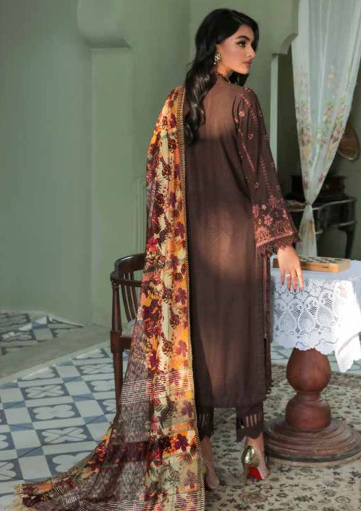 Winter Collection - Nureh - Chikankari - Leather Peach - NEP#12 available at Saleem Fabrics Traditions